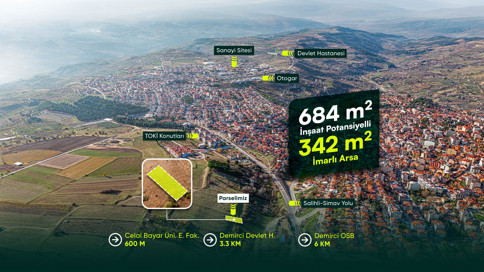 Manisa Demirci Merkezde, Üniversite Yanı, 3+2 Kat İmarlı, 684 m² İnşaat Potansiyelli Arsa