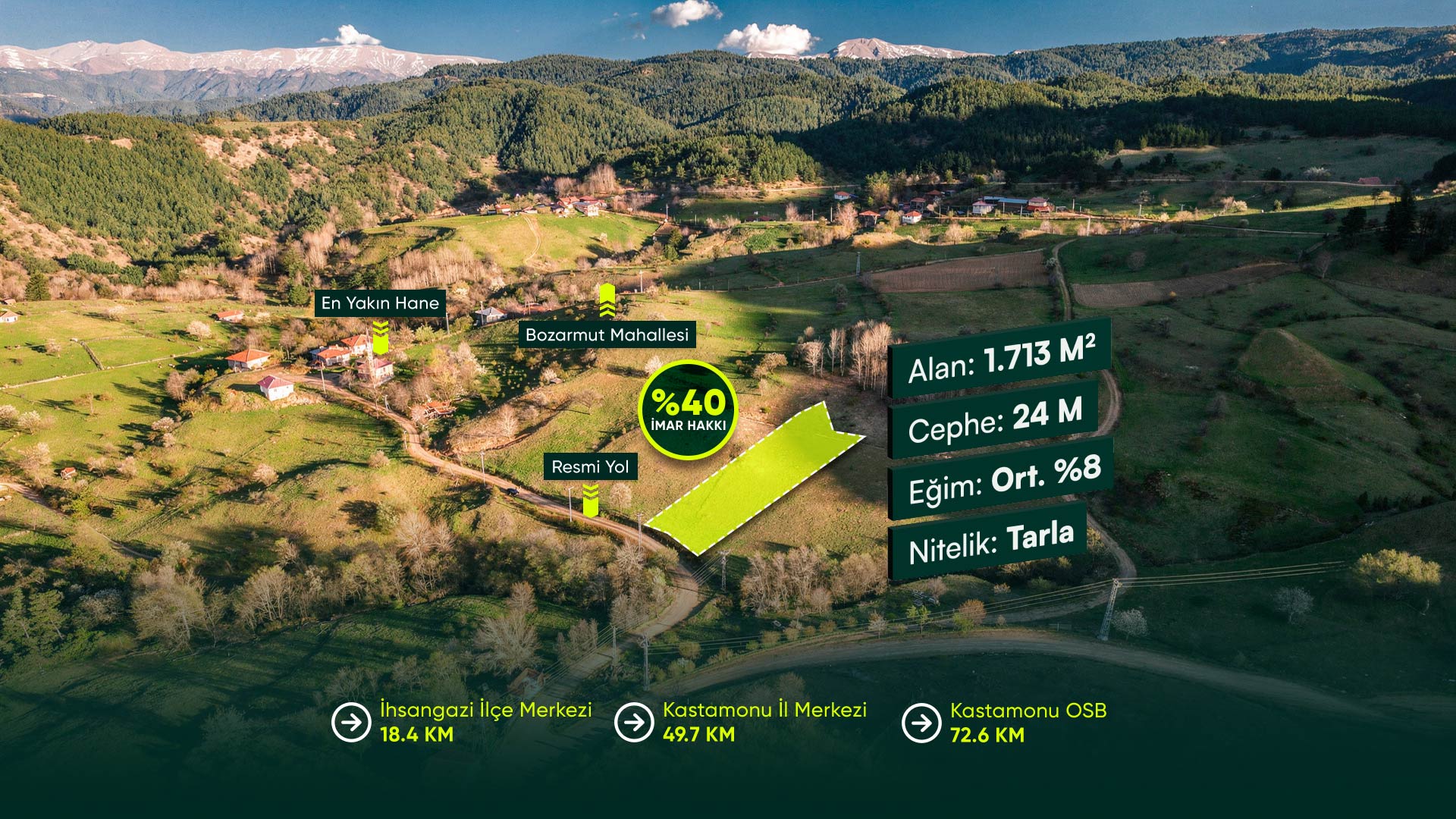 Kastamonu İhsangazi Bozarmut'da Yerleşik Alan İçerisinde 1.713 m2 İmarlı Arsa