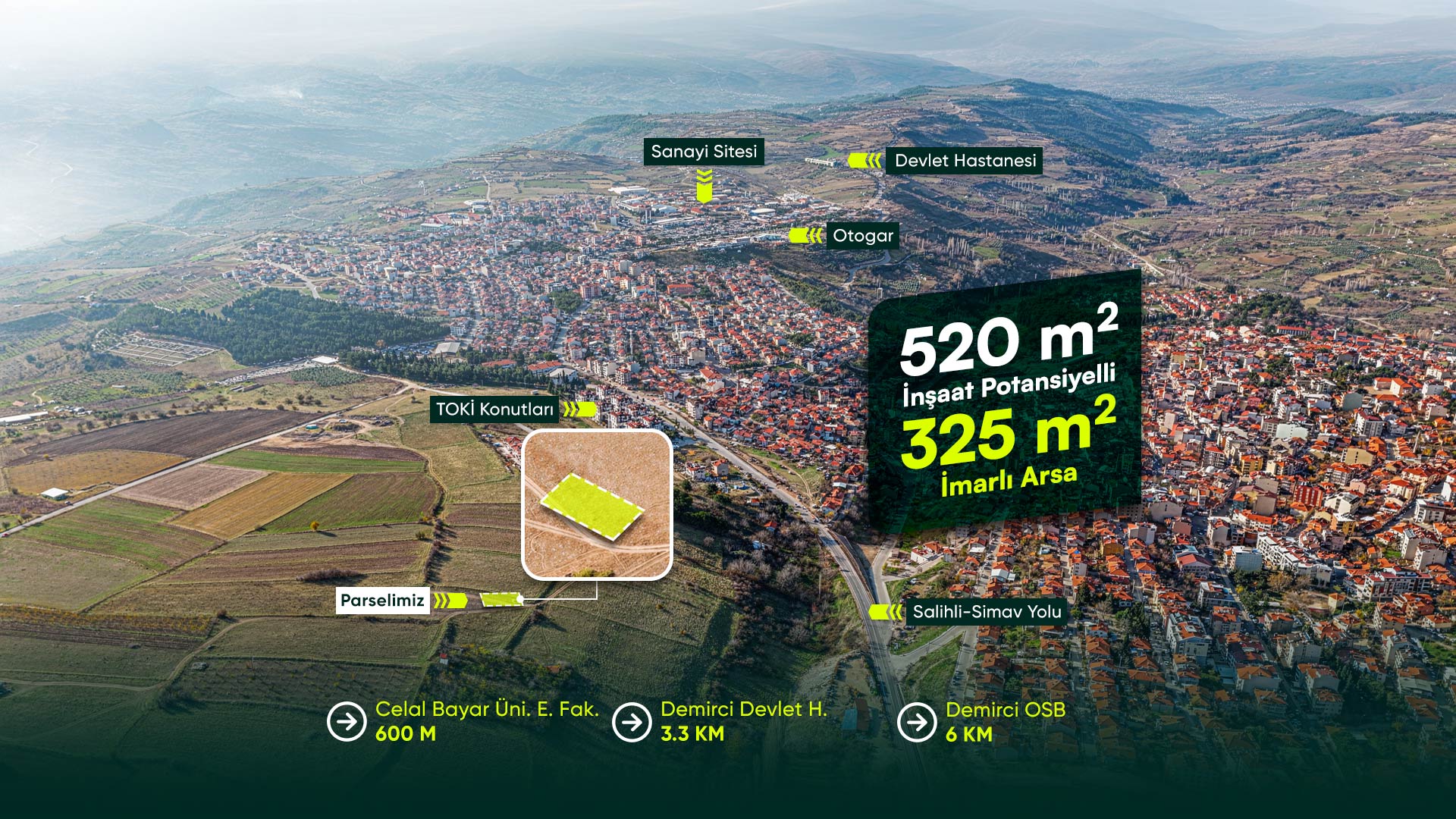 Manisa Demirci Merkezde, Üniversite Yanı, 3+1 Kat İmarlı, 520 m² İnşaat Potansiyelli Arsa