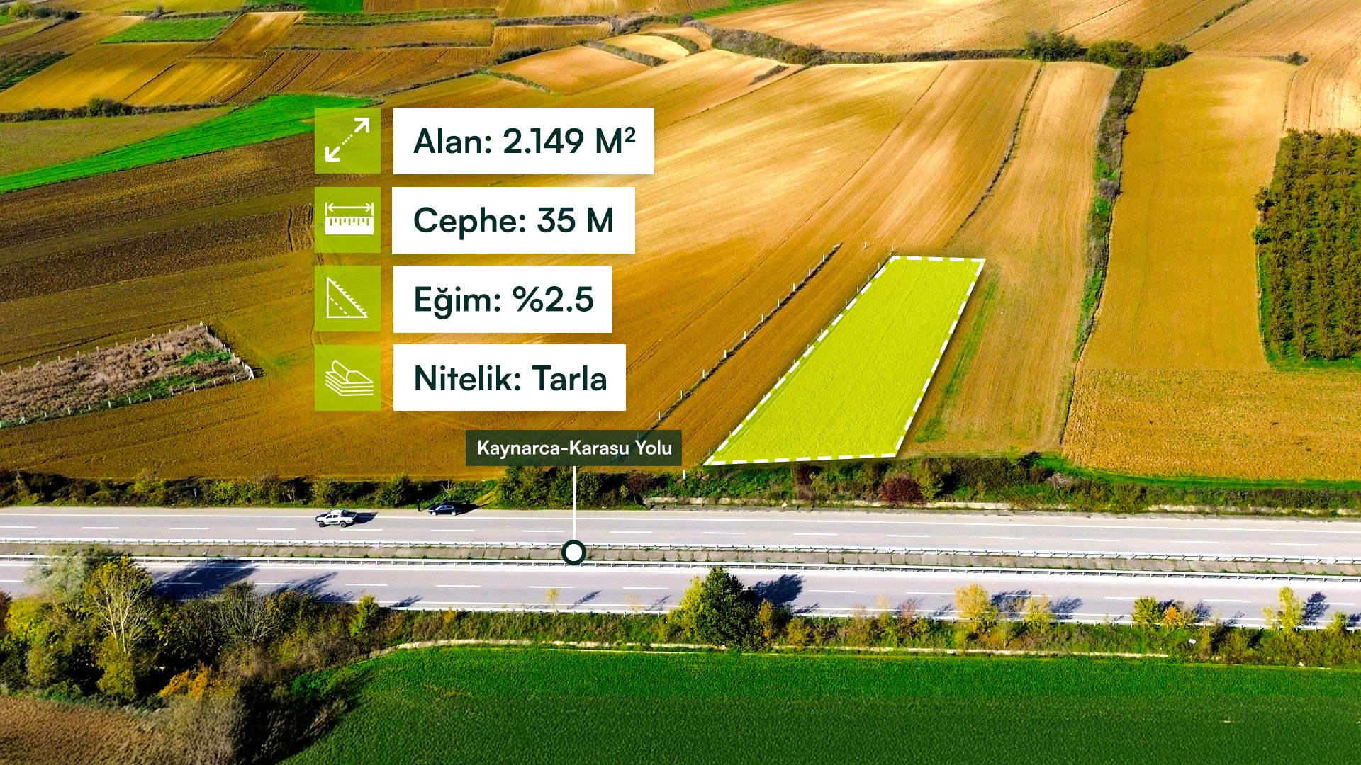 Sakarya Kaynarca Dudu'da Ana Yola Cephe, İlçe Merkezine Birkaç Dakikalık Mesafede 2.149 m² Tarla