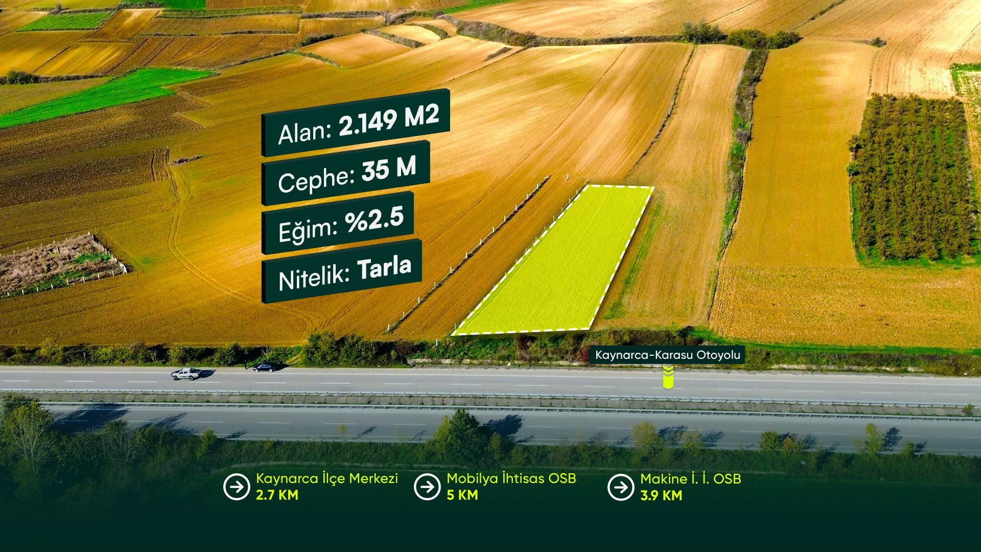 Sakarya Kaynarca Dudu'da Ana Yola Cephe, İlçe Merkezine Birkaç Dakikalık Mesafede 2.149 m² Tarla