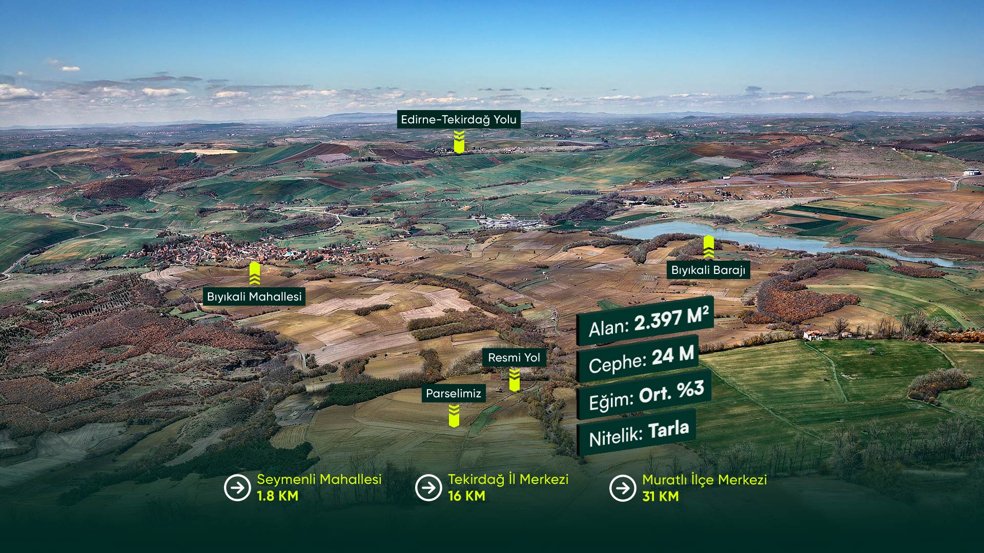 Tekirdağ Süleymanpaşa Bıyıkali'de, İl Merkezine 15 Dakika Uzaklıkta, Barajlara Yakın, Resmi Yola Cephe 2.397 m² Tarla