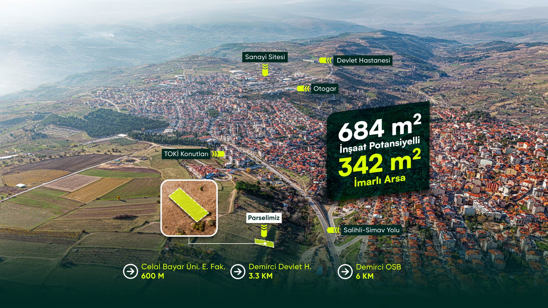 Manisa Demirci Merkezde, Üniversite Yanı, 3+2 Kat İmarlı, 684 m² İnşaat Potansiyelli Arsa