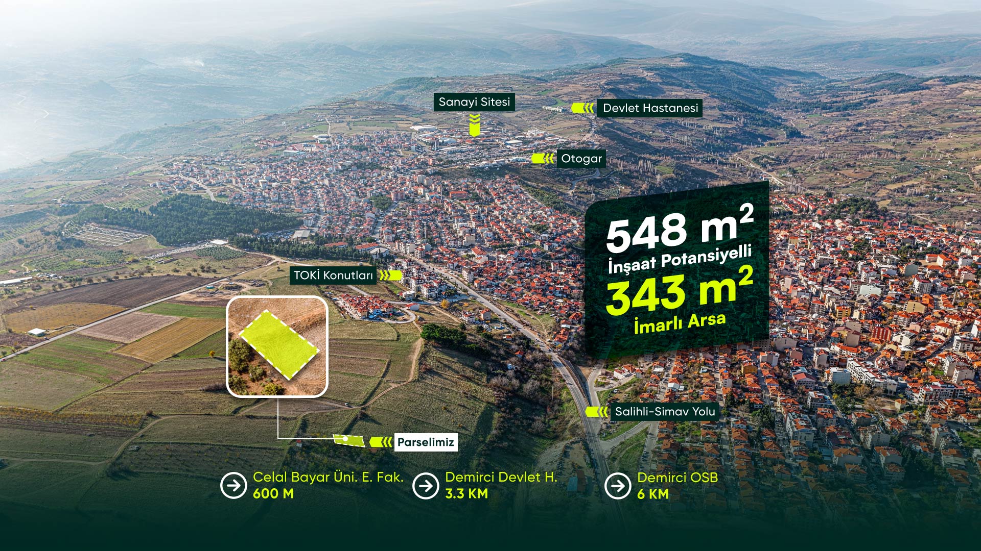 Manisa Demirci Merkezde, Üniversite Yanı, 3+1 Kat İmarlı, 548 m² İnşaat Potansiyelli Arsa