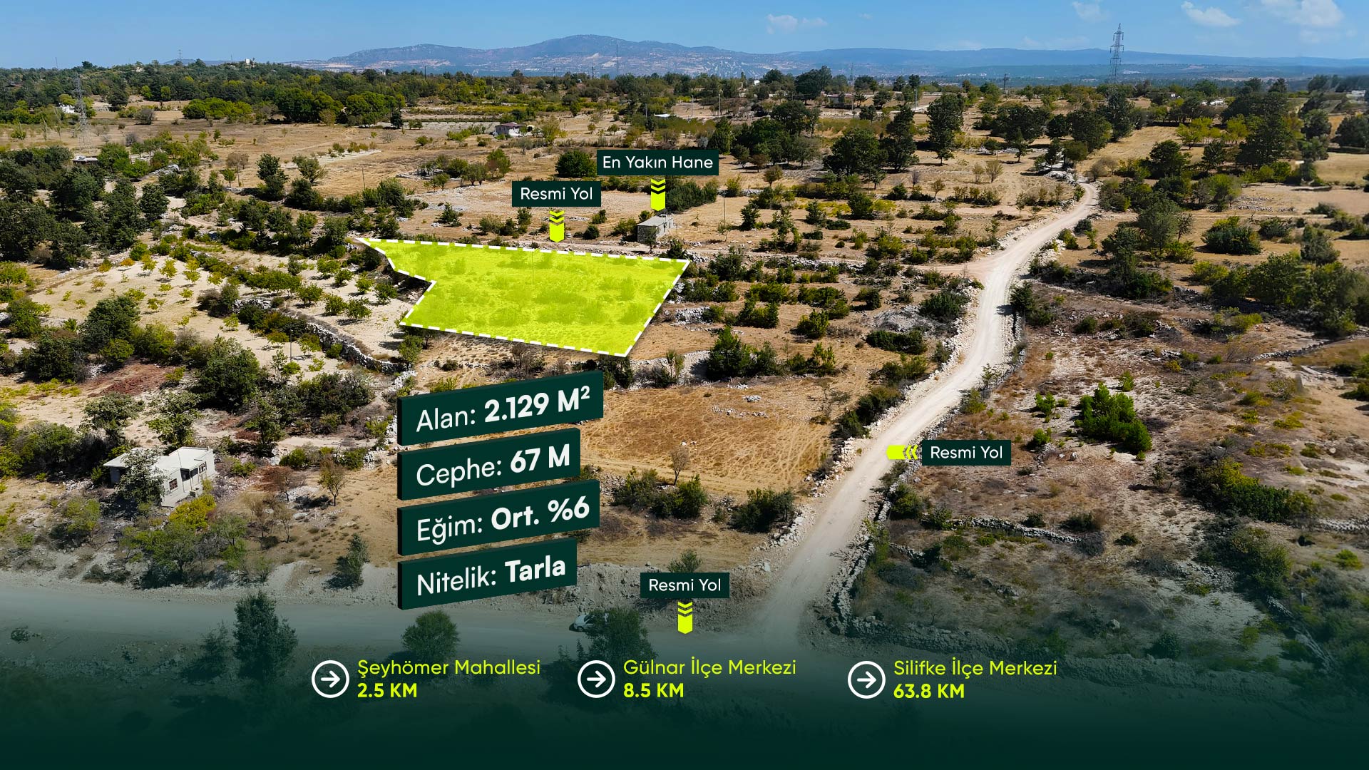 Mersin Gülnar Çukurkonak Mahallesi’nde, Yerleşik Alan İçinde, İlçe Merkezine Yakın 2.129 m² Arsa