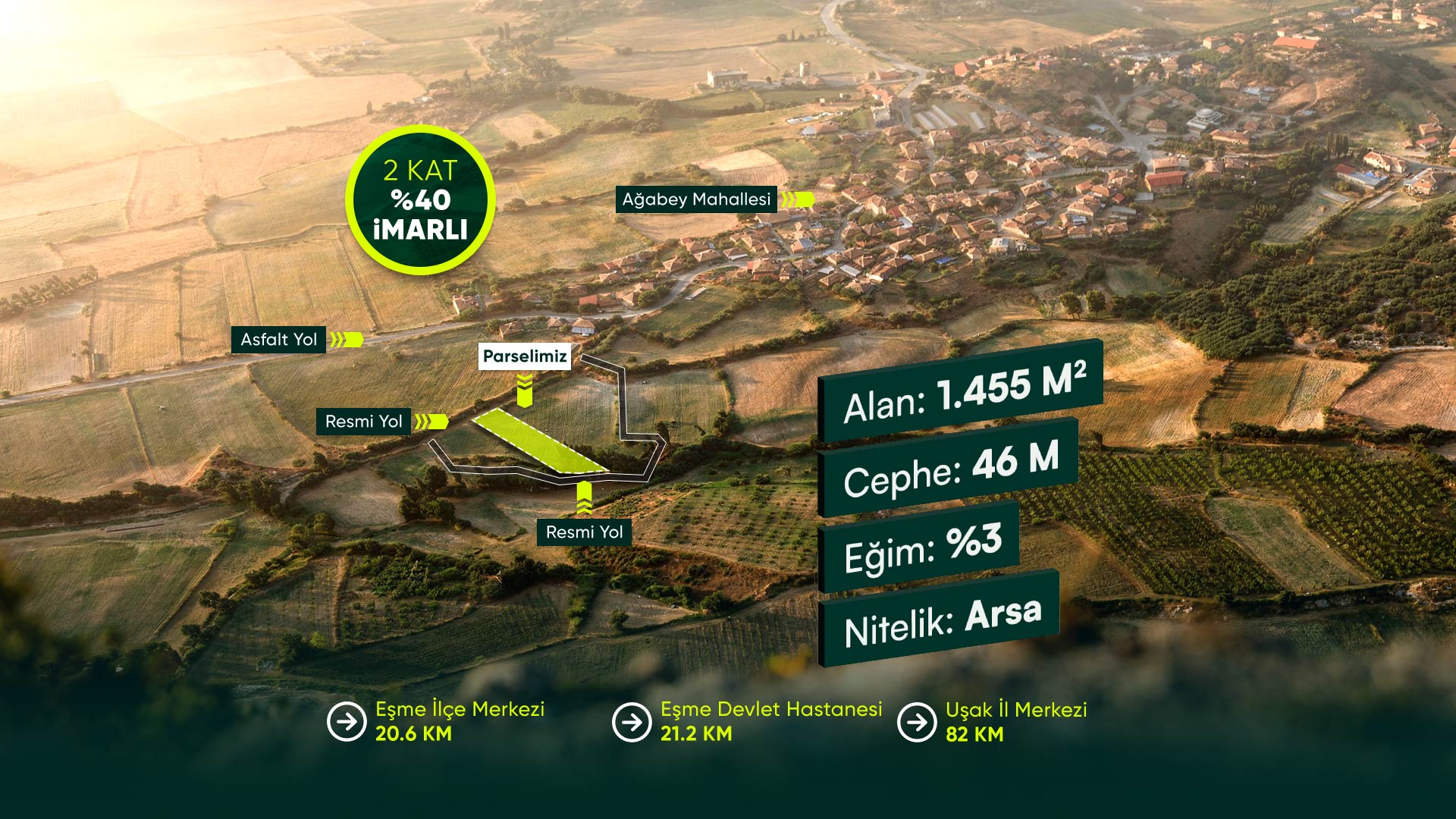 Uşak Eşme Ağabey’de 2 Kat İmarlı, Villa Yapımına Uygun 1.455 m2 Arsa