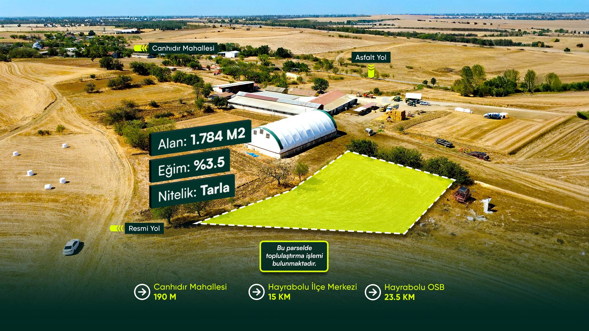 Tekirdağ Hayrabolu Canhıdır’da, Emsallerine Göre Uygun Fiyatla, Yerleşimin Dibinde, 1.784 m² Tarla