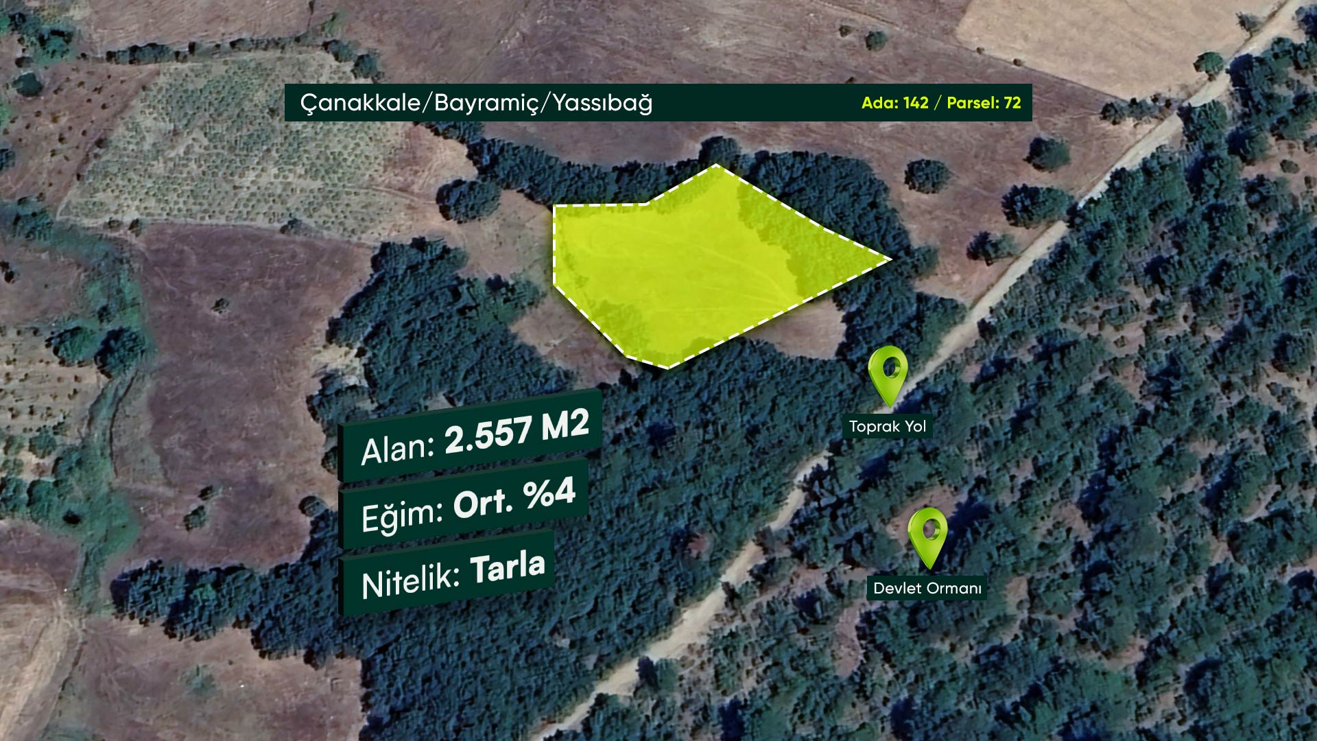 Çanakkale Bayramiç Yassıbağ'da Baraj Yakınında, İlçe Merkezine 15 Dakikalık Mesafede 2.557 m² Tarla