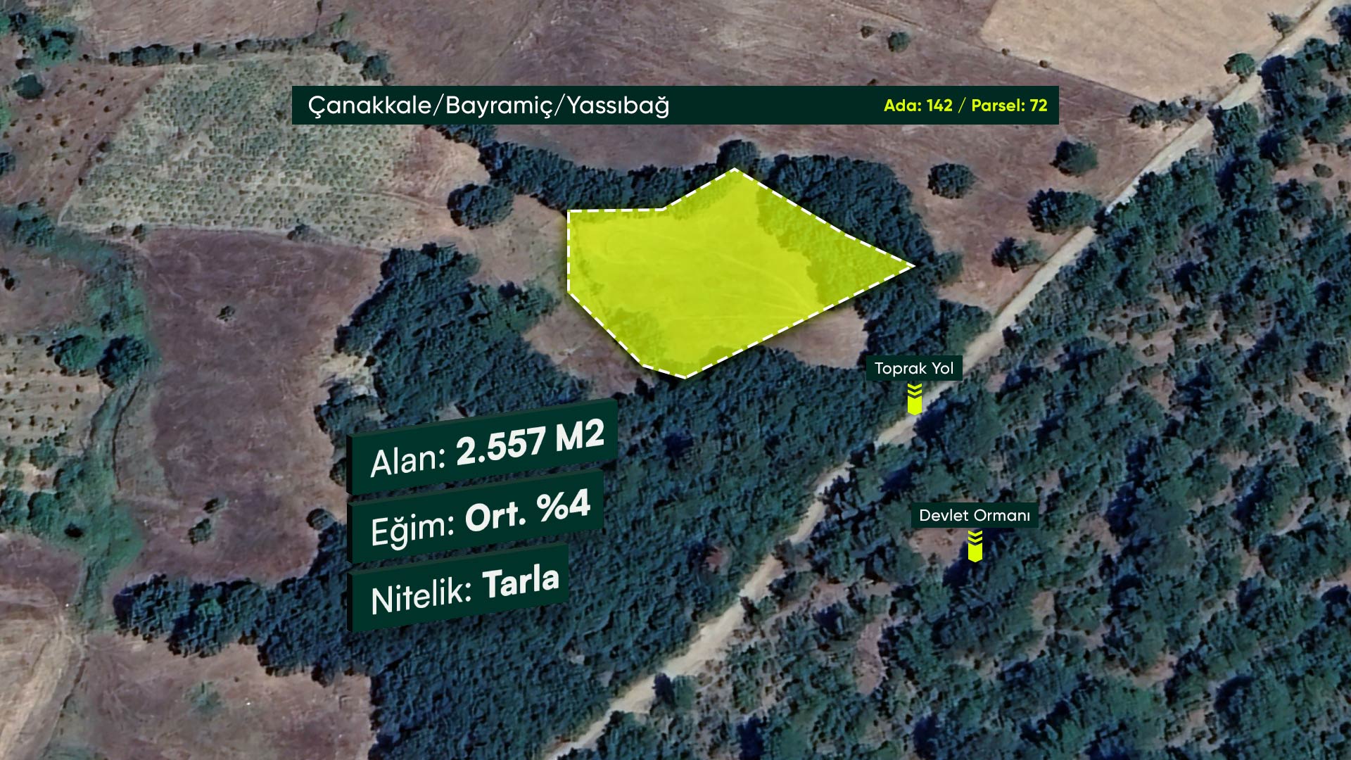 Çanakkale Bayramiç Yassıbağ'da Baraj Yakınında, İlçe Merkezine 15 Dakikalık Mesafede 2.557 m² Tarla