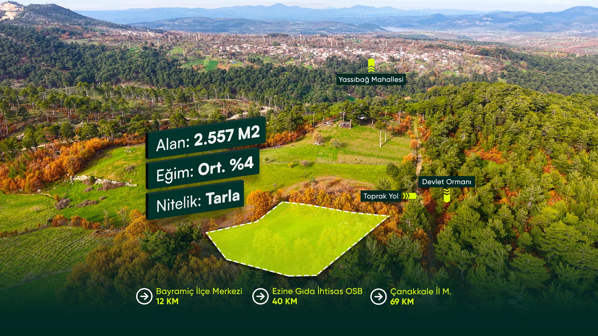 Çanakkale Bayramiç Yassıbağ'da Baraj Yakınında, İlçe Merkezine 15 Dakikalık Mesafede 2.557 m² Tarla