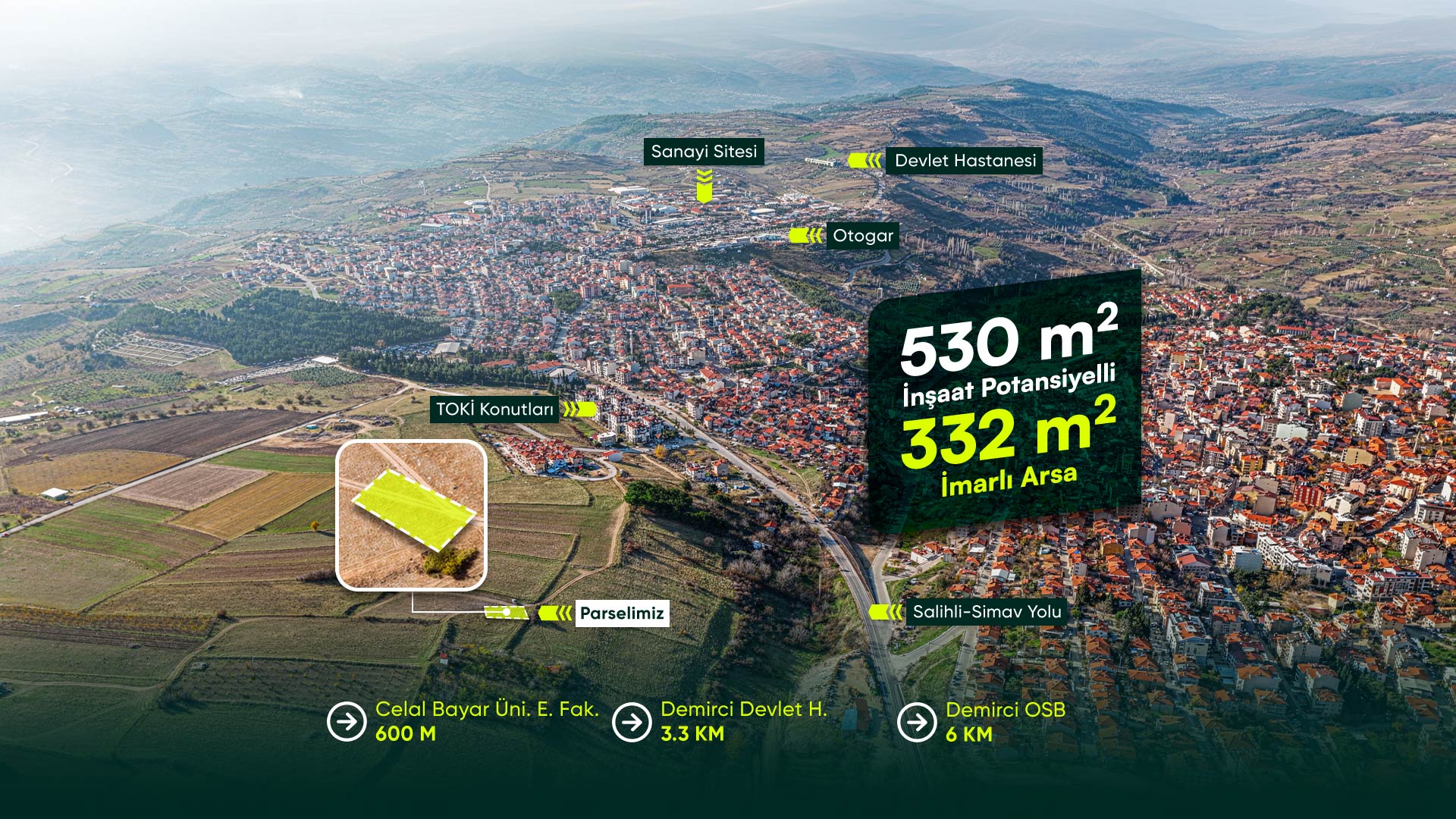 Manisa Demirci Merkezde, Üniversite Yanı, 3+1 Kat İmarlı, 530 m² İnşaat Potansiyelli Arsa