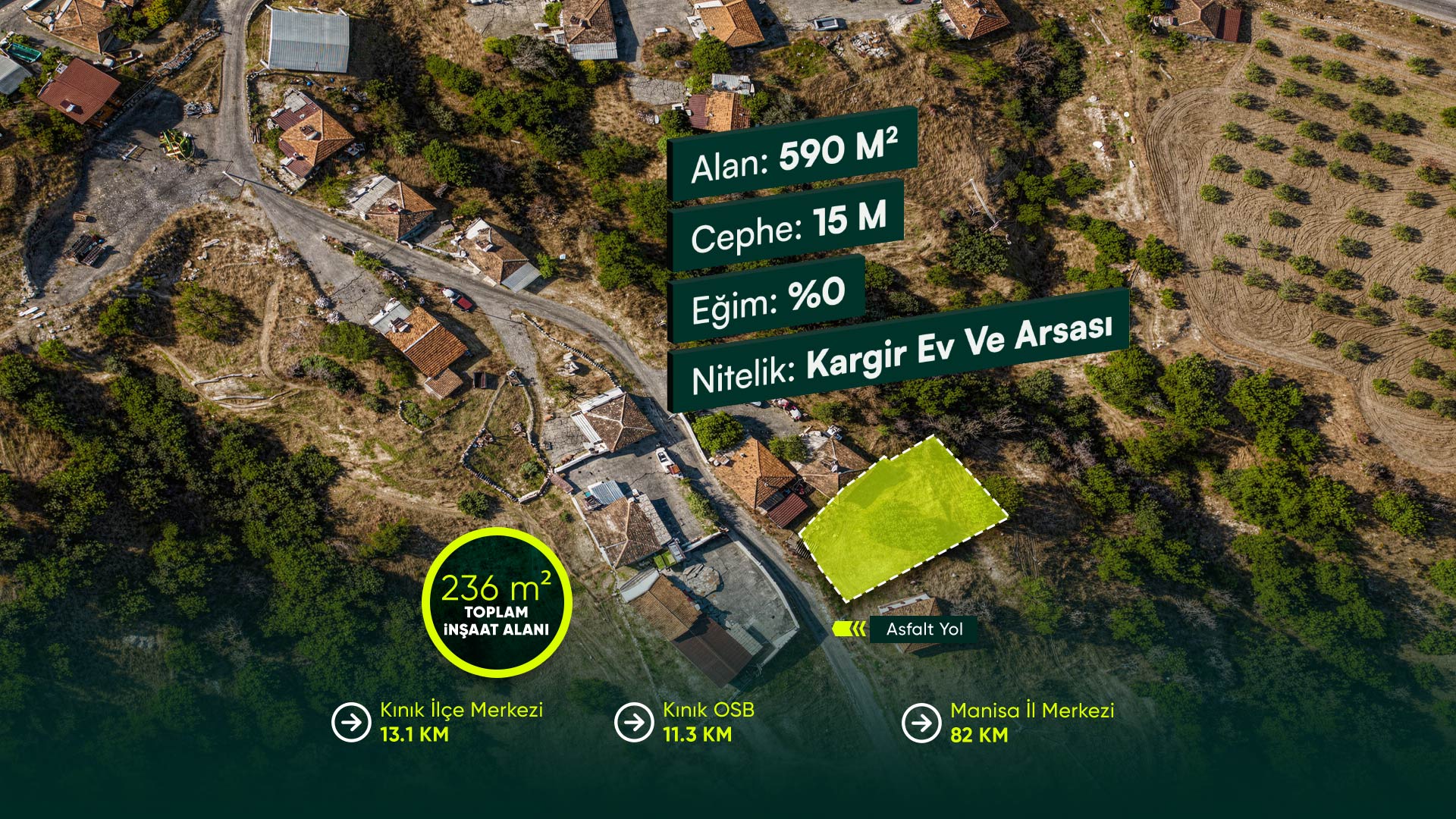 İzmir Kınık Arpaseki’de İlçe Merkezine 10 Dakika Mesafede, 2 Kat Konut İmarlı 590 m² Arsa