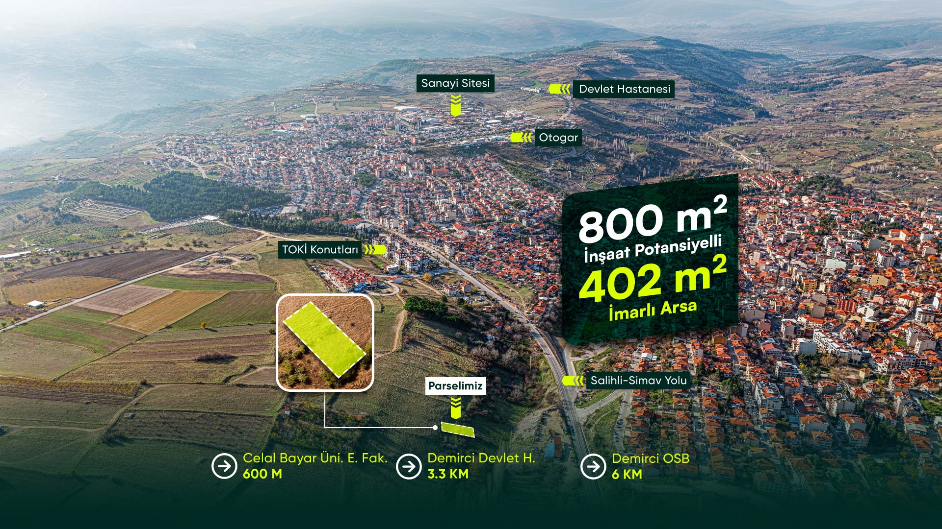 Manisa Demirci Merkezde, Üniversite Yanı, 3+2 Kat İmarlı, 800 m² İnşaat Potansiyelli Arsa