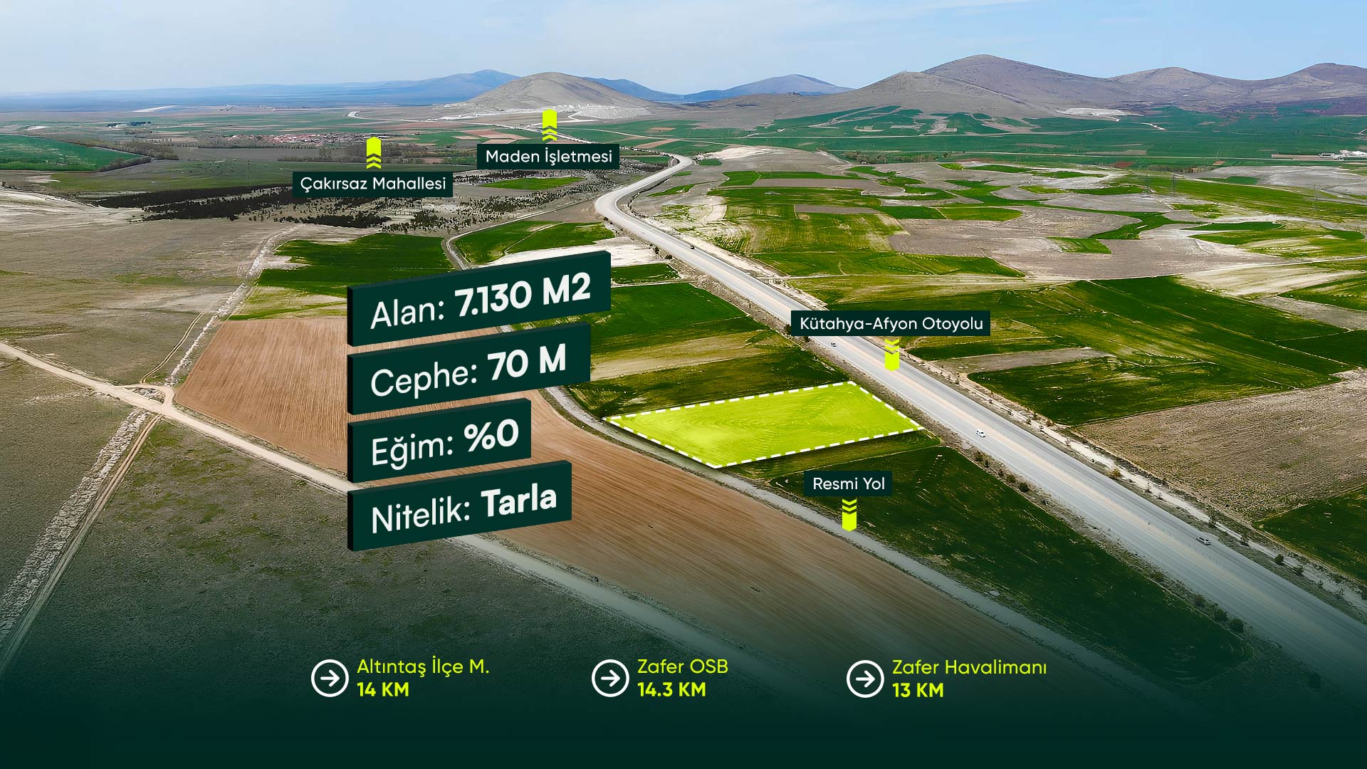 Kütahya Altıntaş Erenköy'de Afyon-Kütahya Yoluna Cephe, Havalimanı ve OSB'ye Yakın 7.130 m² Tarla