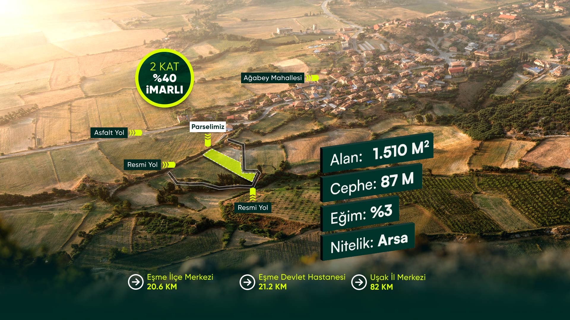 Uşak Eşme Ağabey’de, 3 Müstakil Villa Yapımına Uygun 1.510 m2 Arsa