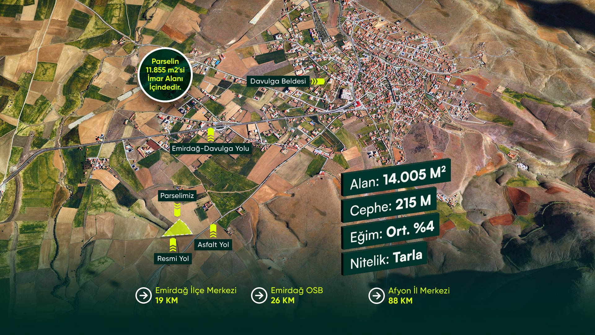 Afyonkarahisar Emirdağ Davulga'da, 215 Metre Cepheli, Plan İçinde Yer Alan 14.005 m² Tarla