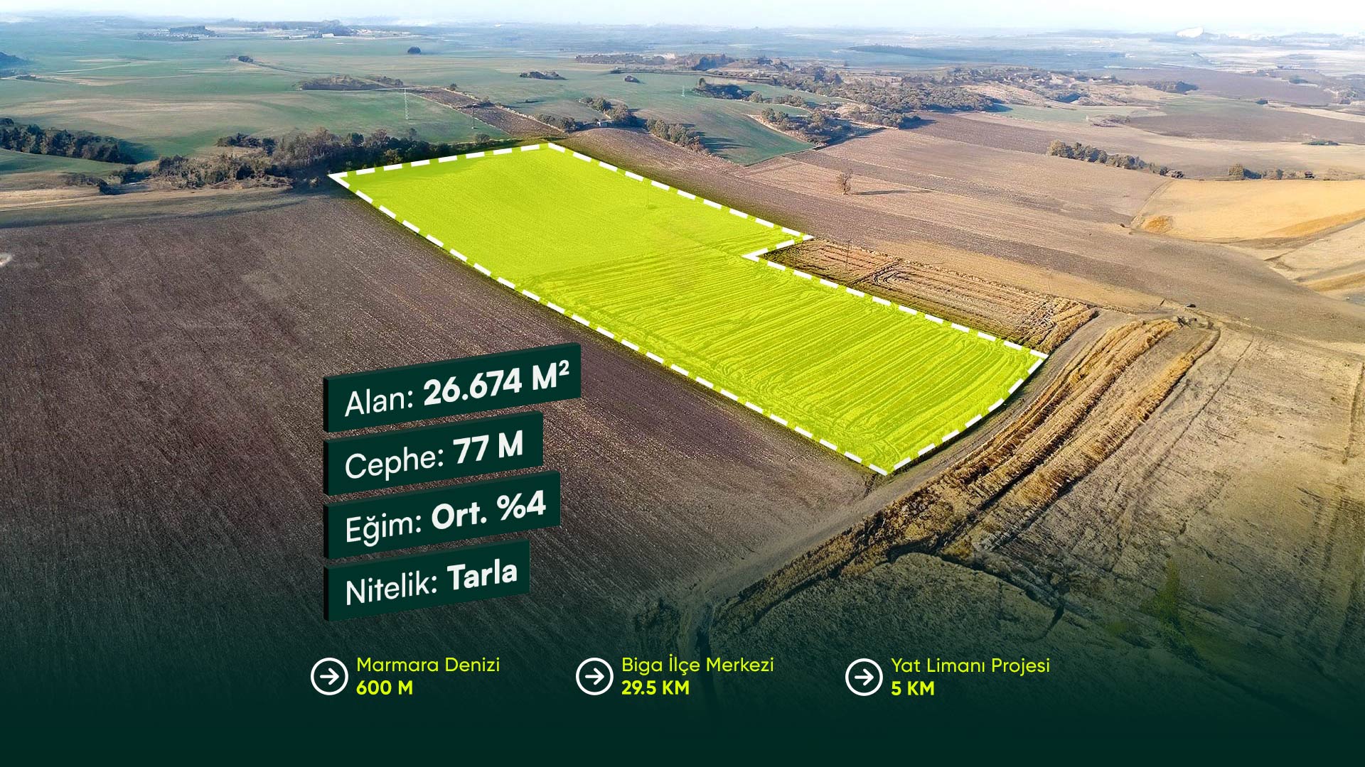 Çanakkale Biga Güvemalan’da, Denize 600 Metre Mesafede 26.674 m² Tarla