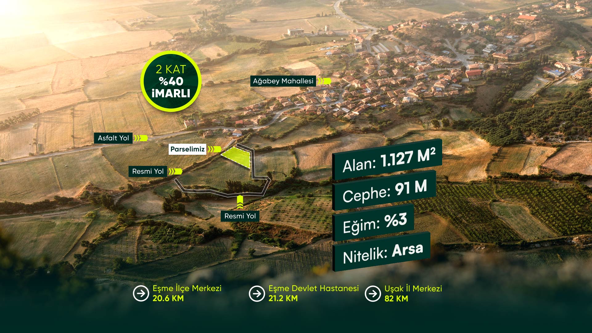 Uşak Eşme Ağabey’de 2 Kat İmarlı, Villa Yapımına Uygun 1.127 m2 Arsa