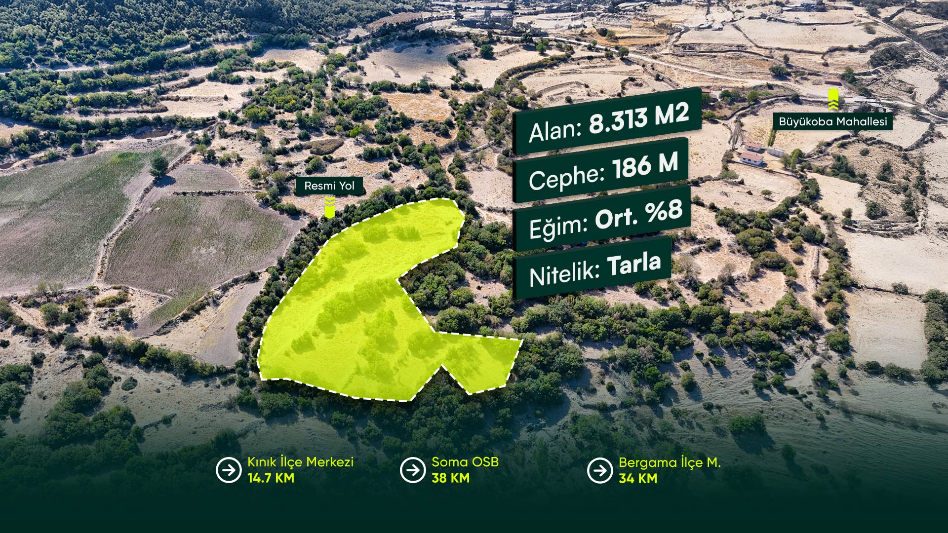 İzmir Kınık Büyükoba’da Yerleşime 250 Metre Mesafede 8.313 m² Tarla