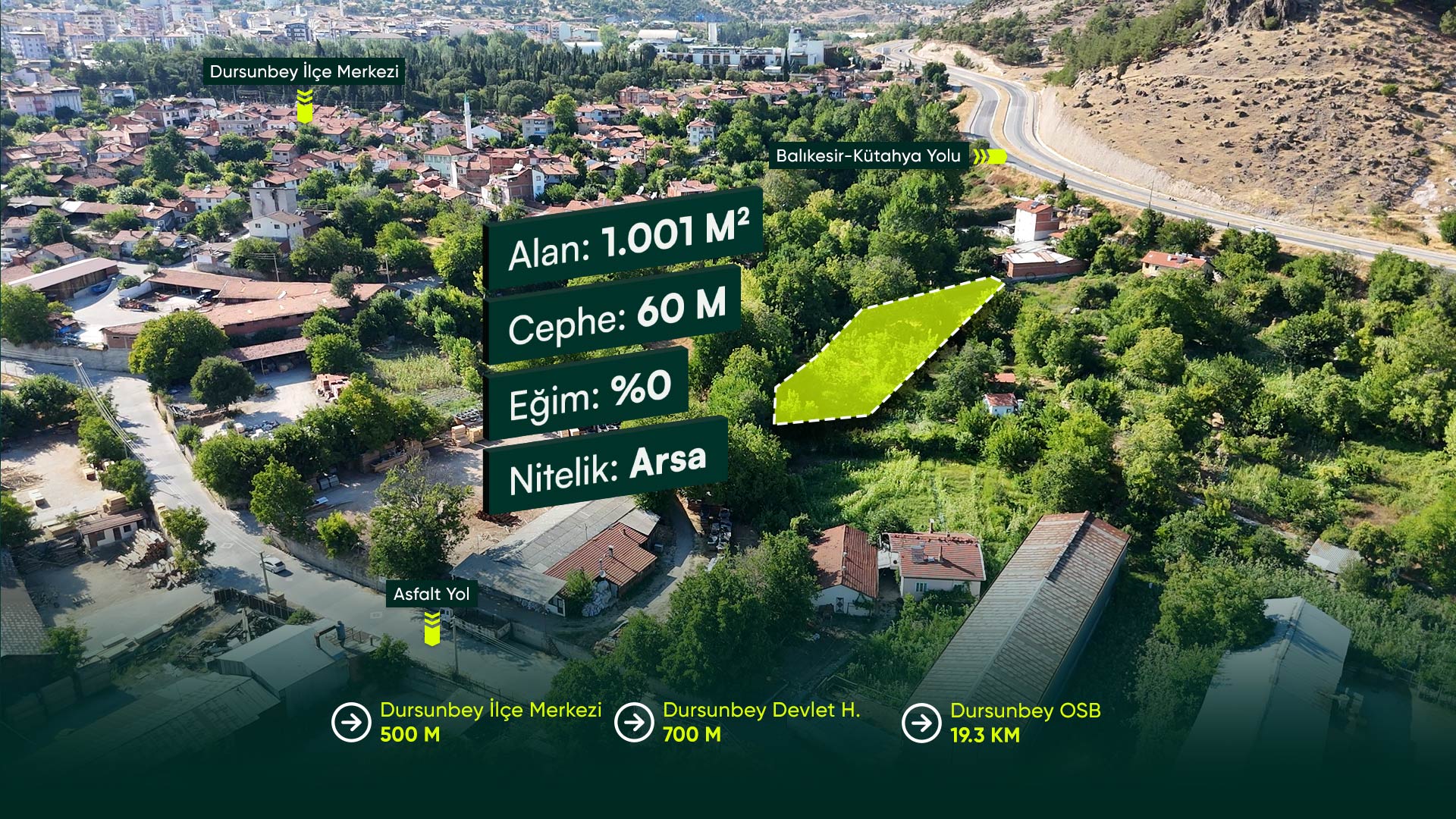 Balıkesir Dursunbey Çiftçi'de, İlçe Merkezinde Sanayi İmarlı 1.001 m2 Arsa