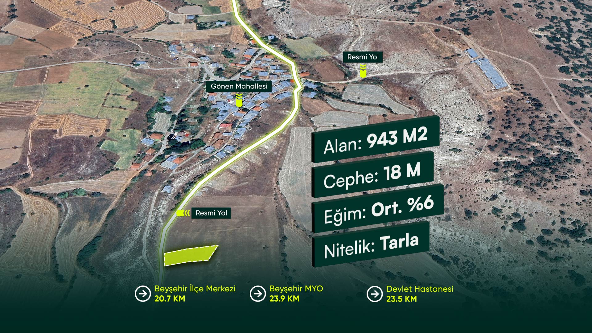 Konya Beyşehir Gönen’de Mahalle Merkezi’nin Dibinde, Resmi Yola Sahip 943 m2 Tarla
