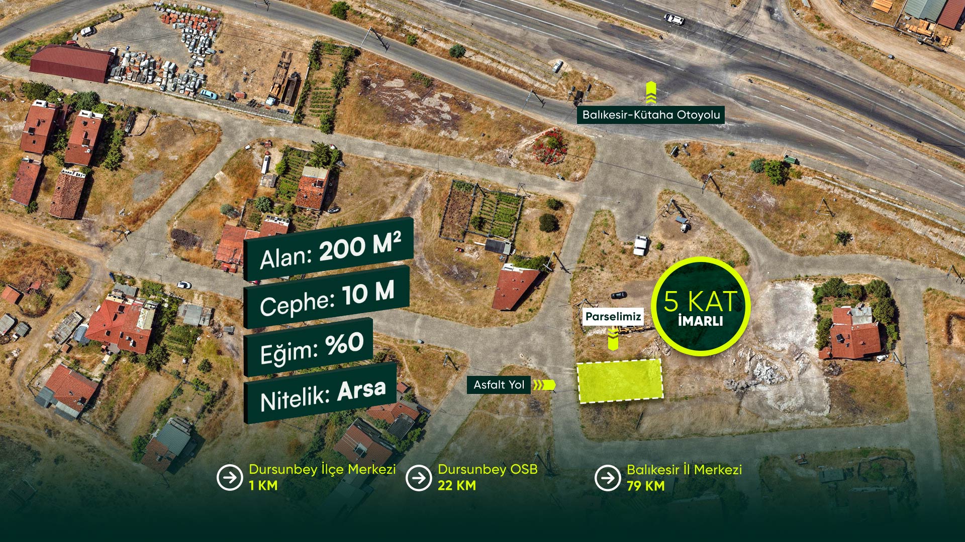 Balıkesir Dursunbey Çiftçi Mahallesi’nde, İlçeye 1 Dakikalık Mesafede, 5 Kat Konut İmarlı 200 m² Arsa