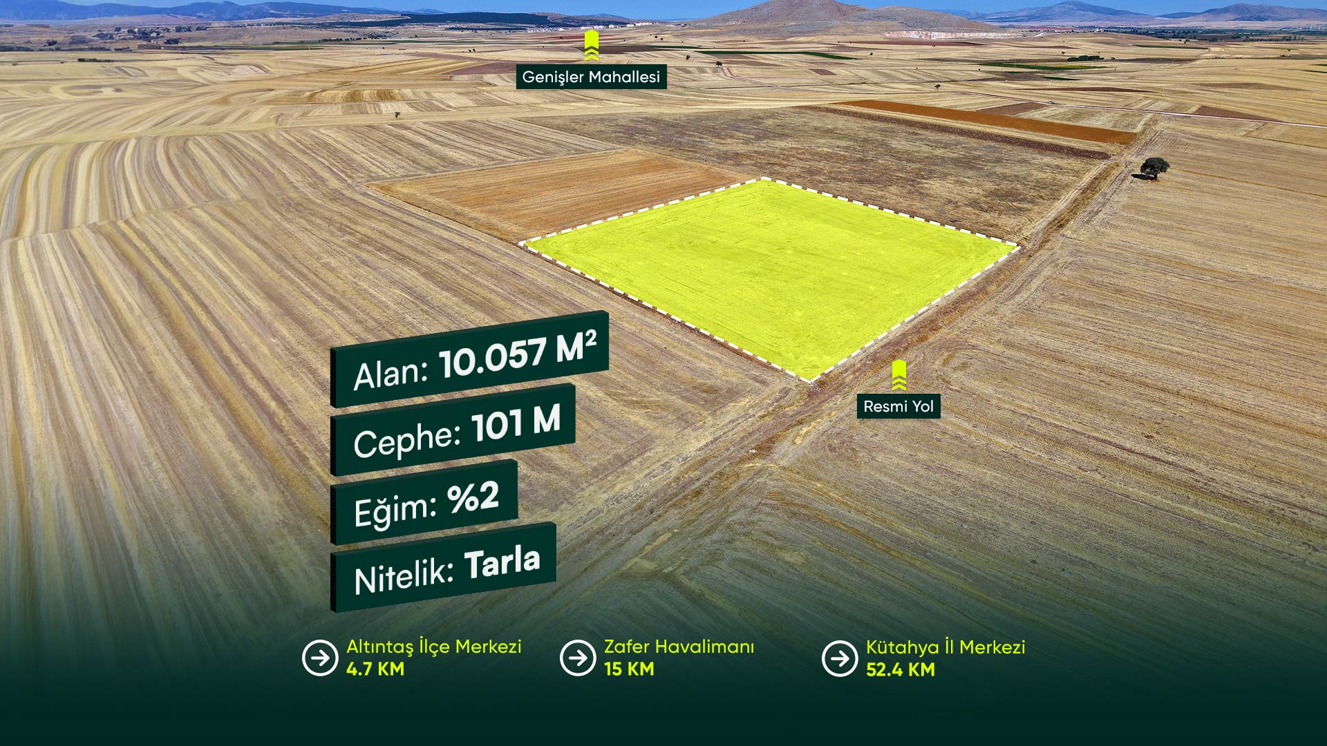 Kütahya Altıntaş Genişler'de TOKİ'ye, OSB'ye ve Havalimanına Yakın 10.057 m2 Tarla