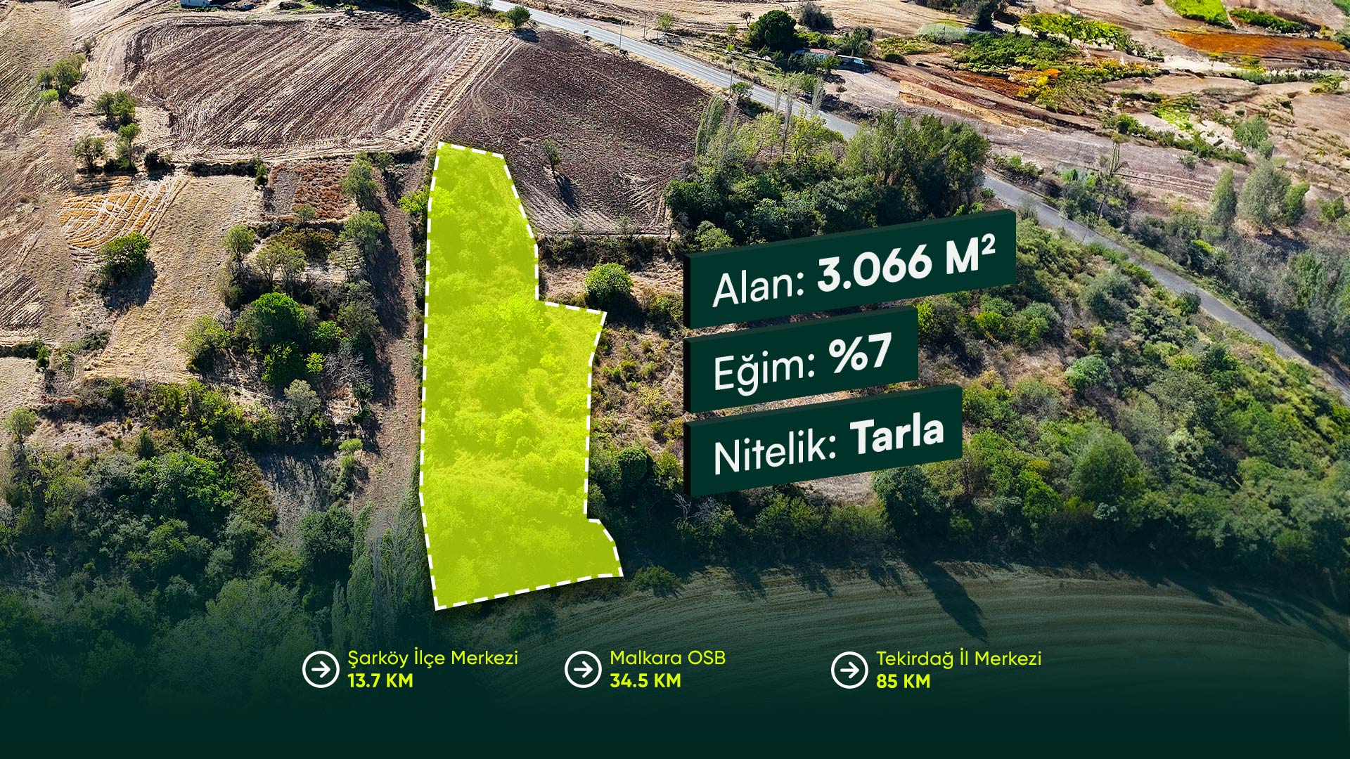 Tekirdağ Şarköy Yeniköy’de Ana Yola 90 Metre Mesafede, Yerleşime Yakın 3.066 m² Tarla