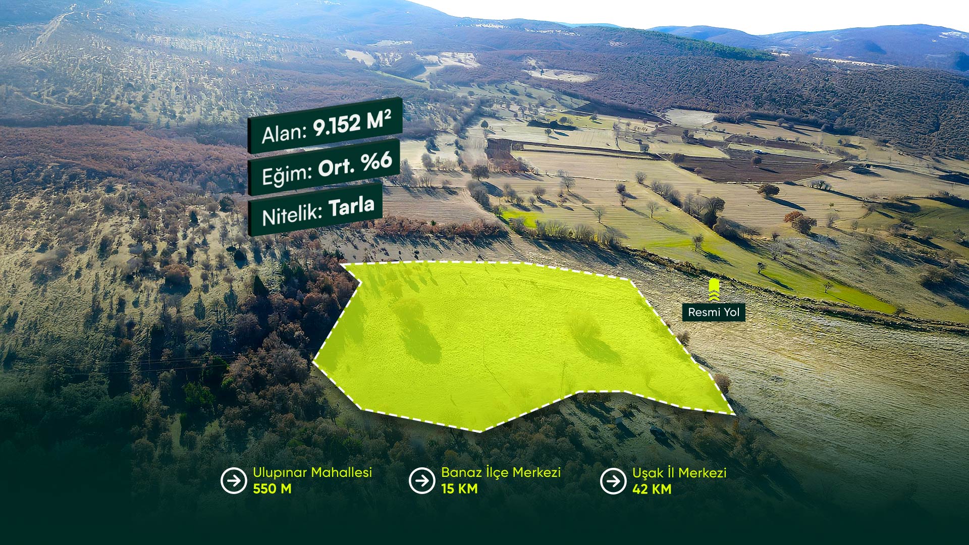 Uşak Banaz Ulupınar Mahallesi’nde, İlçe Merkezine 15 Dakika, Yatırım Potansiyelli 9.152 m² Tarla