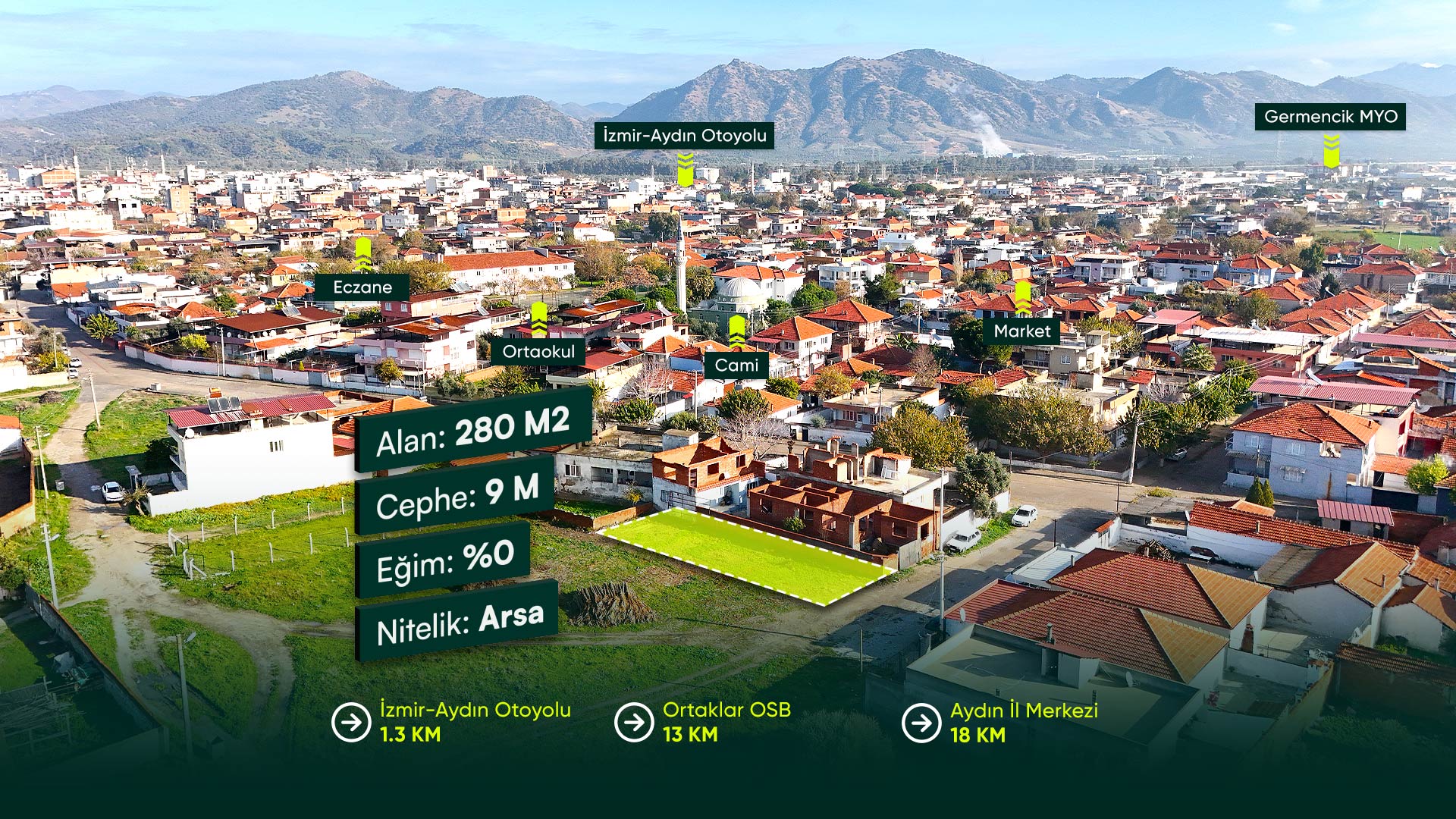 Aydın Germencik İlçe Merkezinde, Otoyola Yakın, 3 Kat Konut İmarlı 280 m2 Arsa