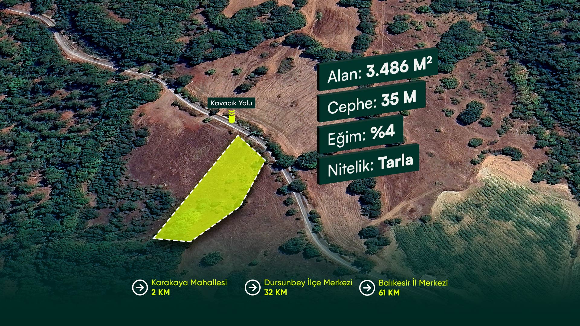 Balıkesir Dursunbey Karakaya'da Asfalt Yola Cephe 3.486 m2 Tarla Fırsatı