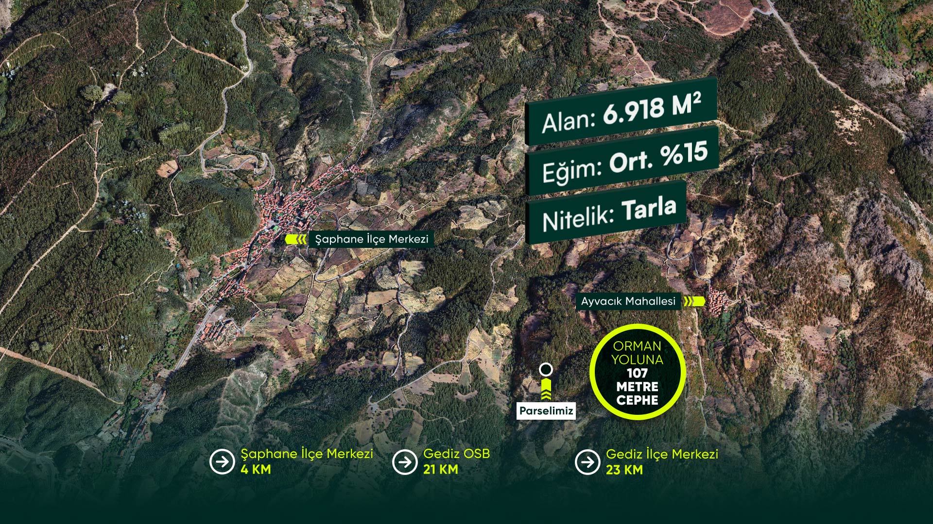 Kütahya Şaphane Ayvacık’ta Devlet Ormanına Cephe, İlçe Merkezine Yakın 6.918 m² Yatırımlık Tarla