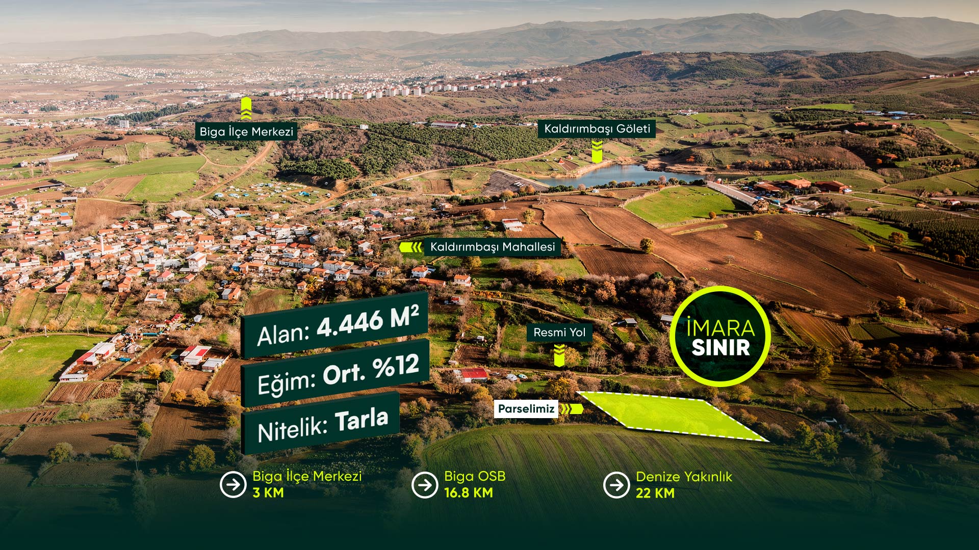 Çanakkale Biga Kaldırımbaşı’nda İmara Sınır, Otoyolun ve İlçe Merkezinin Dibinde, 4.446 m² Tarla