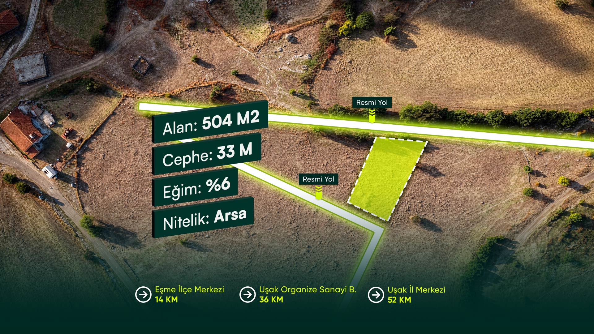 Uşak Eşme Bozlar’da, Çift Resmi Yola Sahip, Köy İçi 2 Kat İmarlı 504 m² Arsa