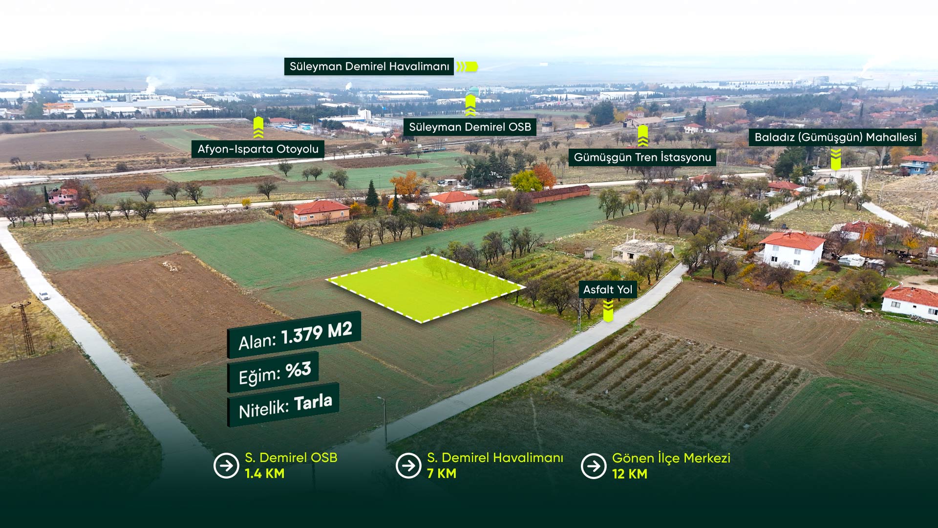 Isparta Gönen Baladız'da Sarı Alan İçinde, OSB ve Havalimanına Birkaç Dakika Uzaklıkta 1.379 m2 Tarla