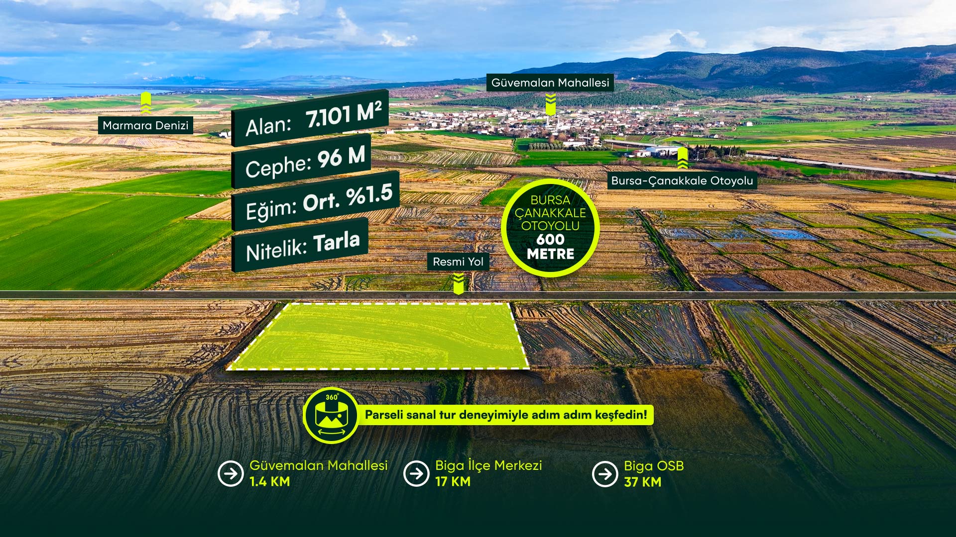 Çanakkale Biga Güvemalan'da, Denize Yakın, Otoyolun Dibinde 7.101 m² Tarla