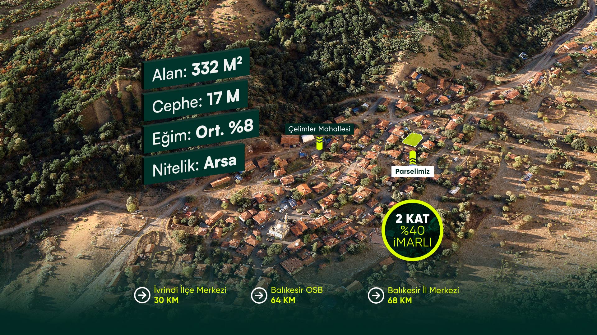 Balıkesir İvrindi Çelimler’de Yerleşik Alan İçerisinde, 2 Kat İmarlı 332 m² Arsa