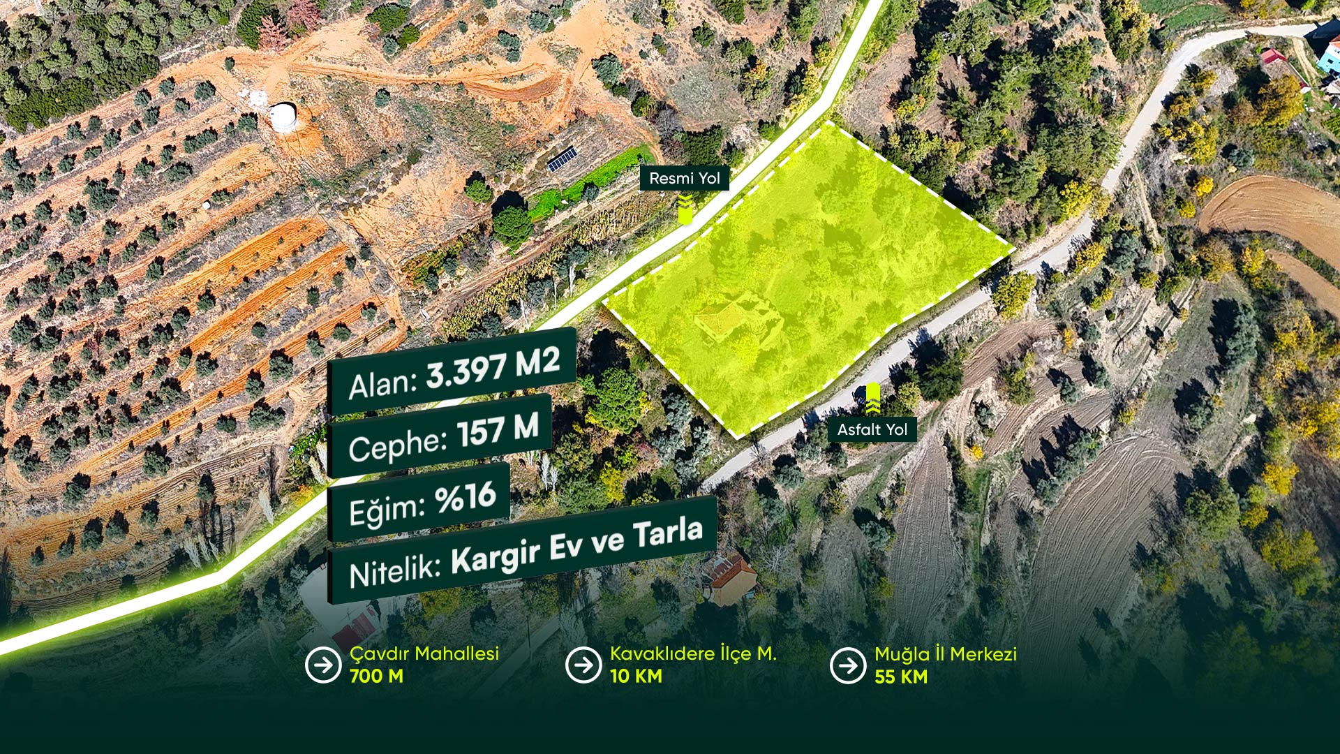 Muğla Kavaklıdere Çavdır Mahallesi’nde İlçe Merkezine Yakın, İfrazlık, Konut İmarlı 3.397 m² Arsa