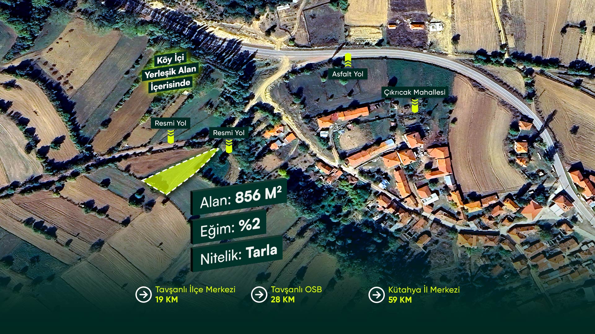 Kütahya Tavşanlı Çıkrıcak’ta Köy Yerleşik Alanı İçinde, Yerleşime 60 Metre Mesafede 856 m² Tarla