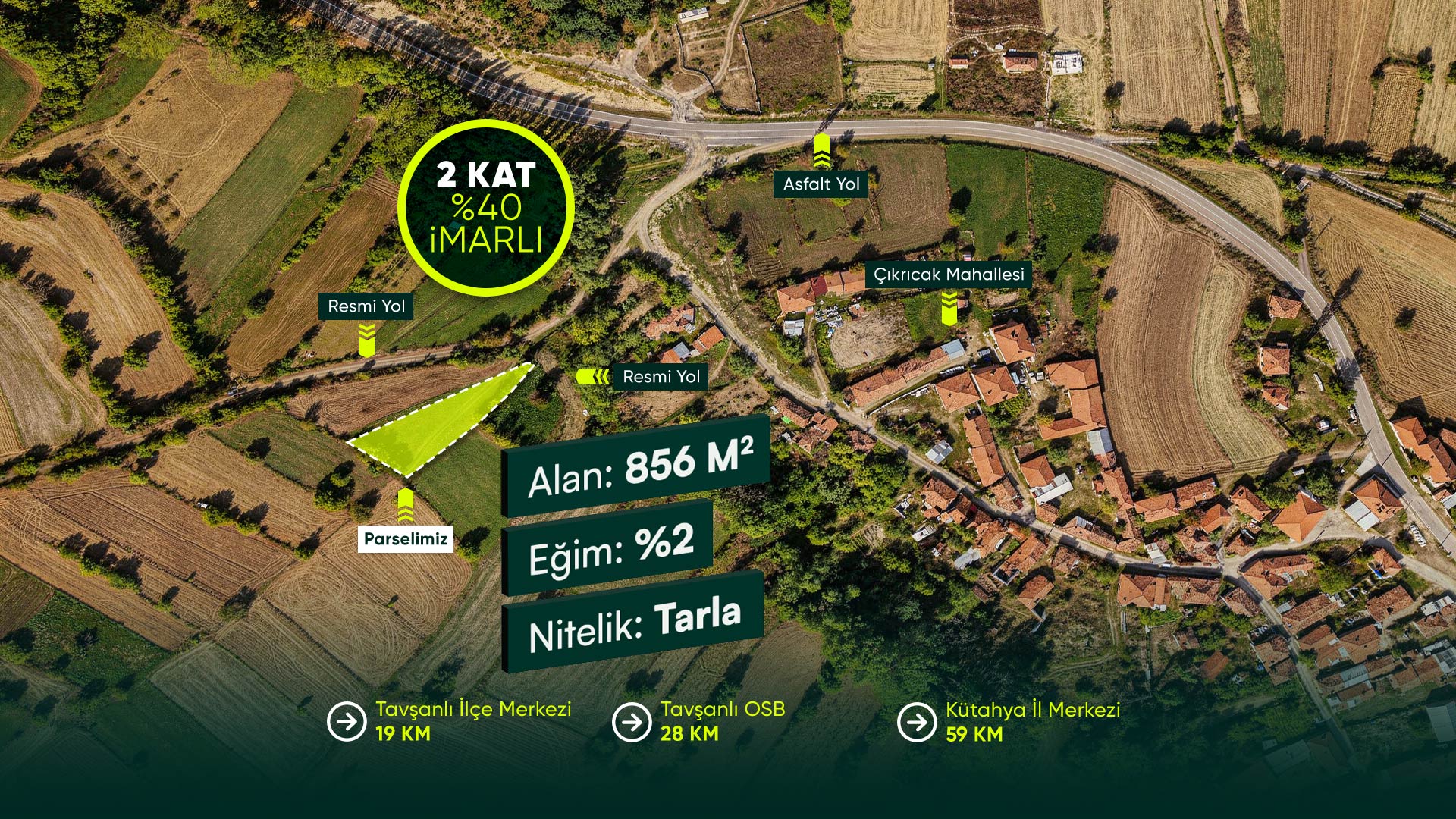 Kütahya Tavşanlı Çıkrıcak’ta Köy Yerleşik Alanı İçinde, Yerleşime 60 Metre Mesafede 856 m² Tarla