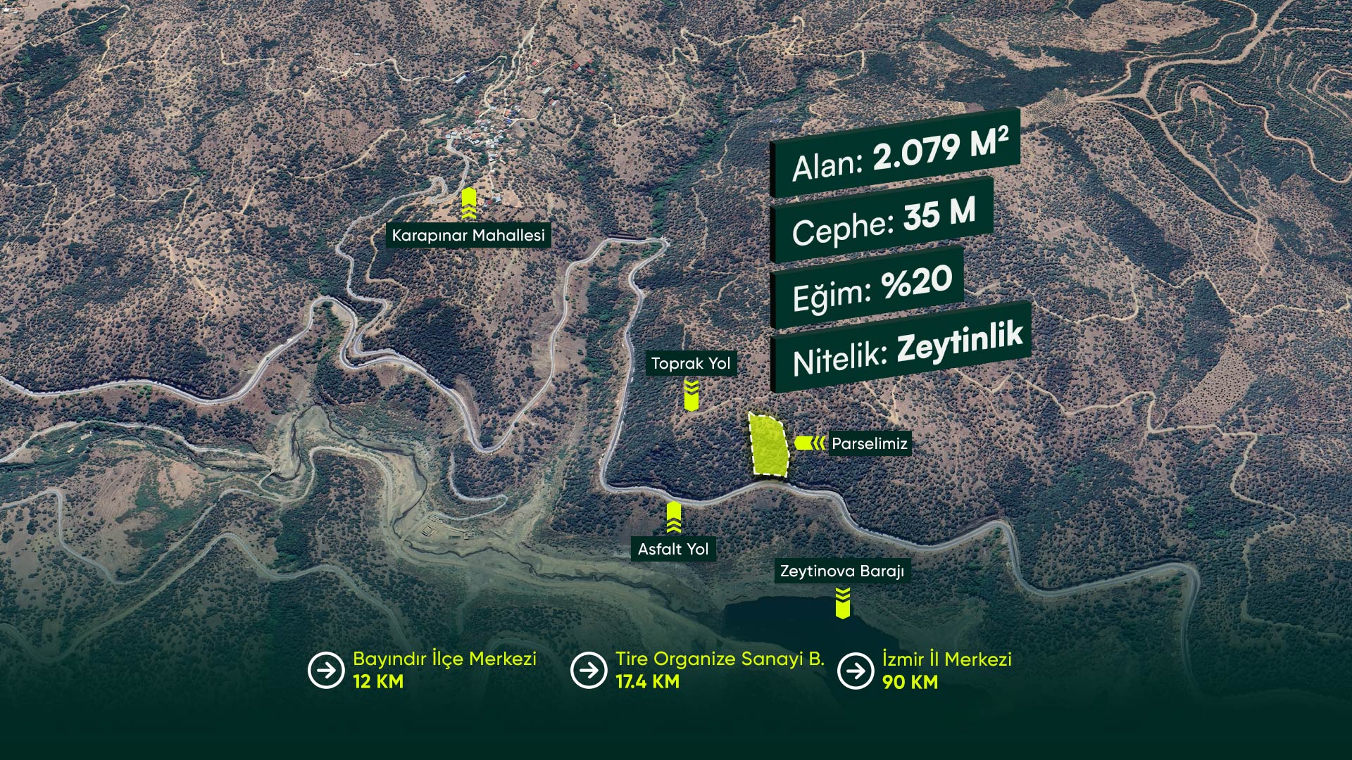 İzmir Bayındır Karapınar'da Panoramik Baraj Manzaralı 2.067 m2 Zeytinlik