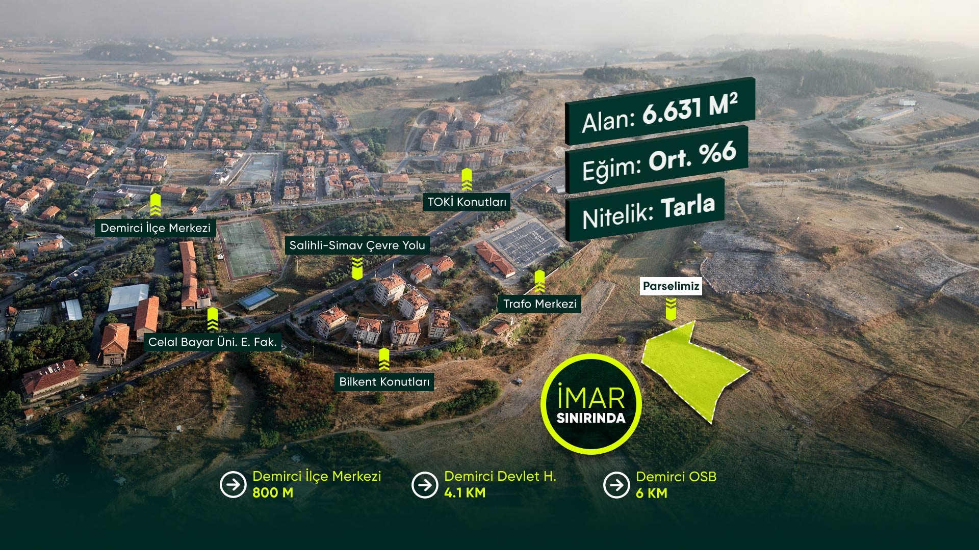 Manisa Demirci Şehreküstü’nde İmar Sınırında, Üniversite Yanı 6.631 m² Yatırımlık Tarla