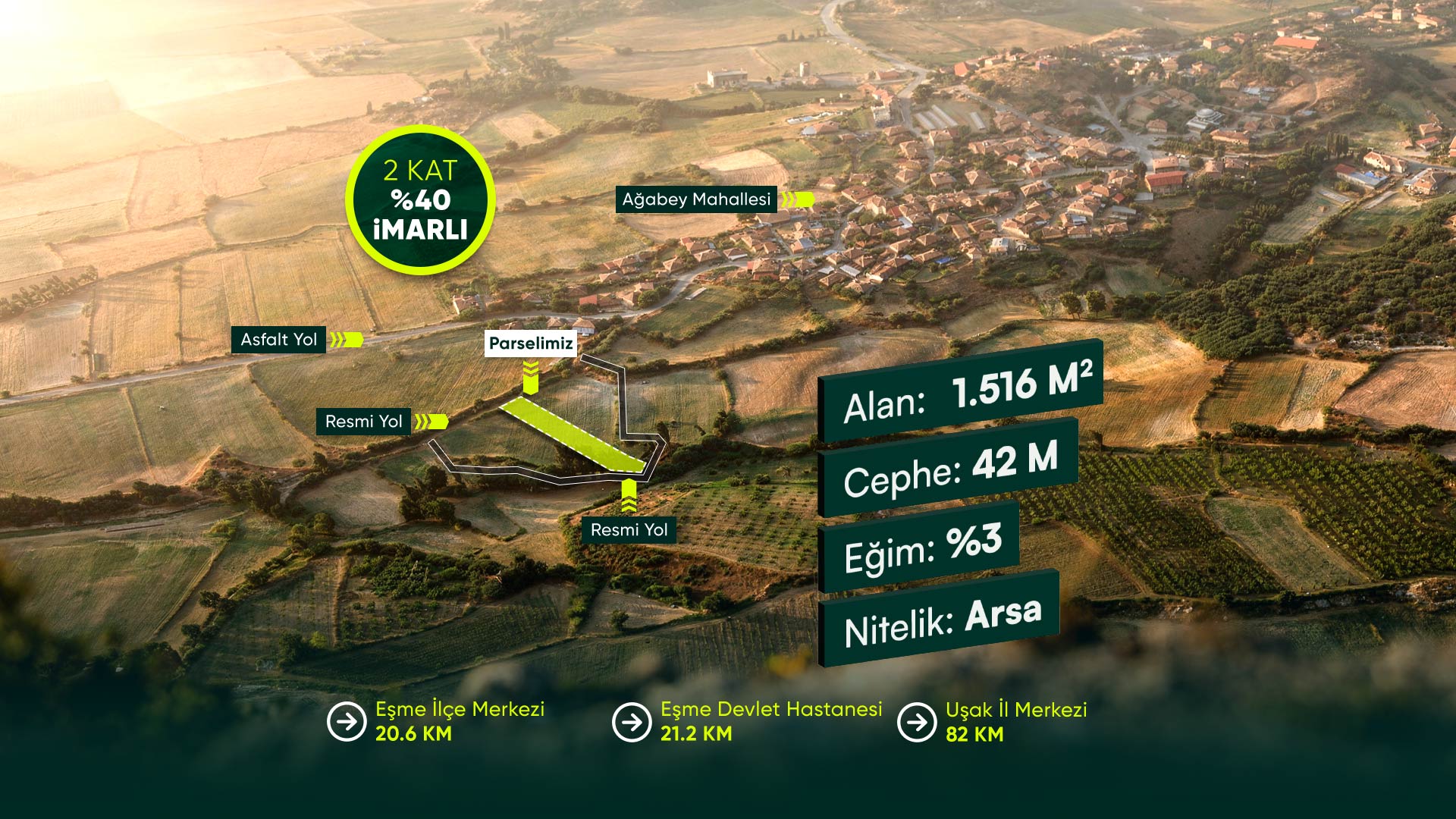 Uşak Eşme Ağabey’de, 3 Müstakil Villa Yapımına Uygun 1.516 m2 Arsa